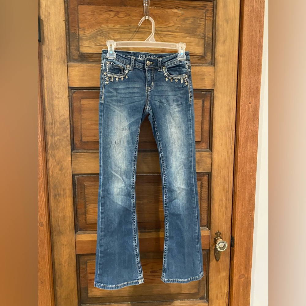 Grace in LA Girl’s Blue Bootcut Jeans with embroidered pockets